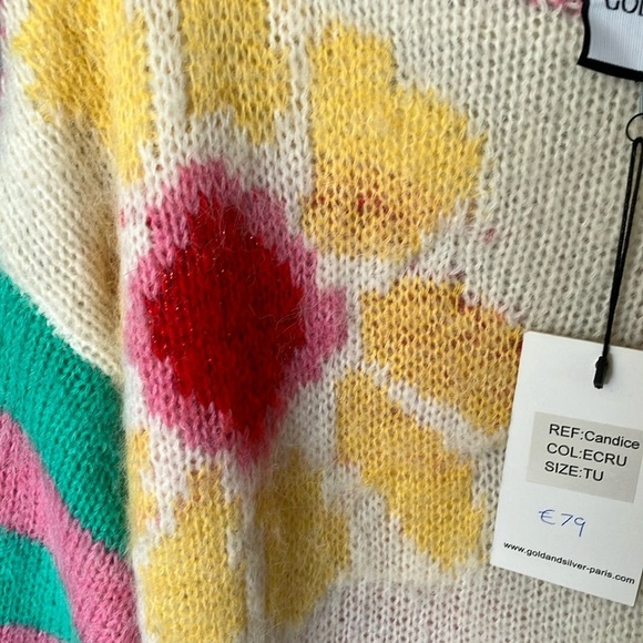 Gold & Silver: Pink & Green Crew Neck Floral Design Sweater- One size fits most - Picture 8 of 16